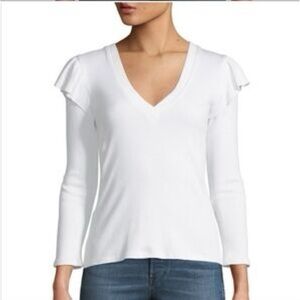 Veronica Beard Selene White Ribbed Knit Ruffled‎ V-Neck 3/4 Sleeve Top XS S